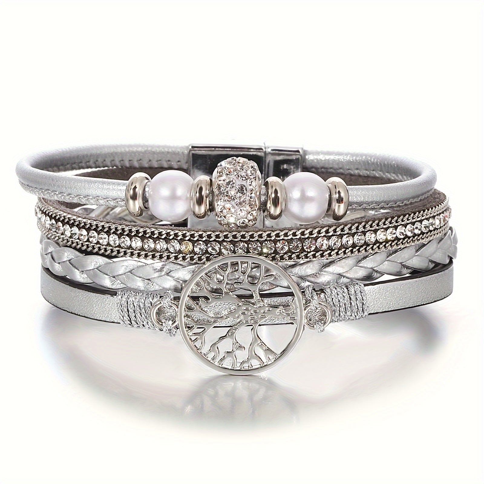 Multi-Layer Faux Leather Wristband with Tree of Life Charm and Rhinestones