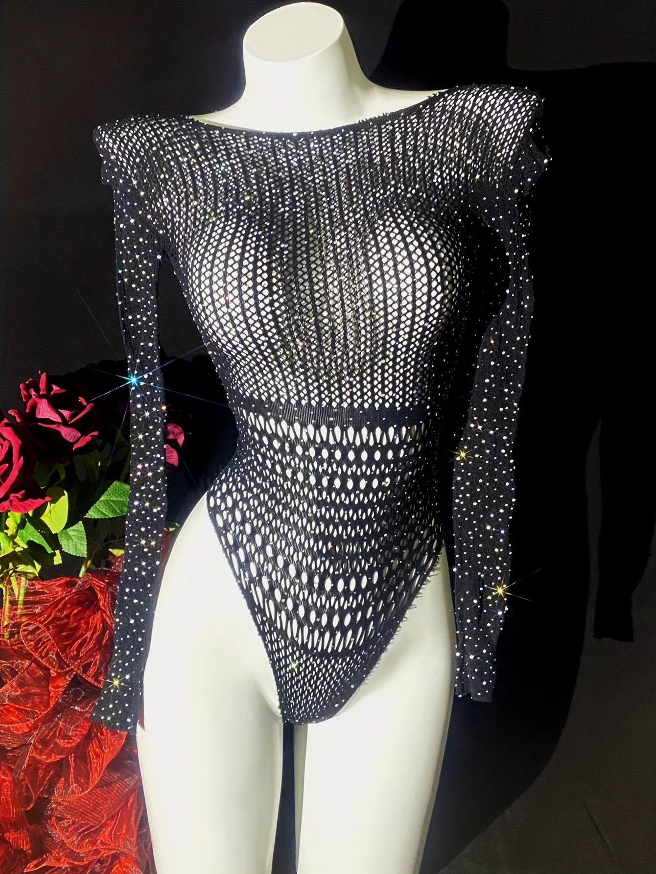 Women's Rhinestone Bodysuit Long Sleeve Hollow Out Festival Swimwear