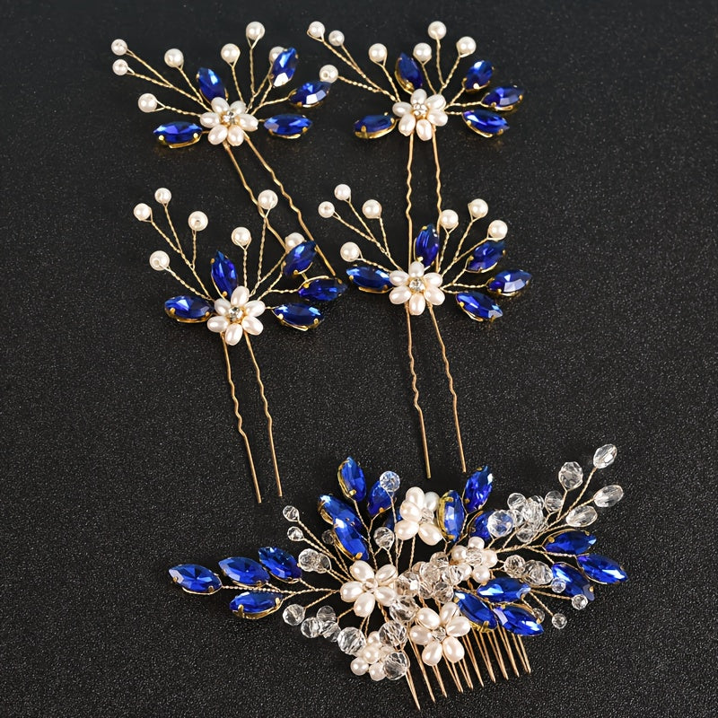 Set of 5 Bohemian Wedding Hair Accessories for Bride Romantic U-Shaped Flower Bead Hair Clips