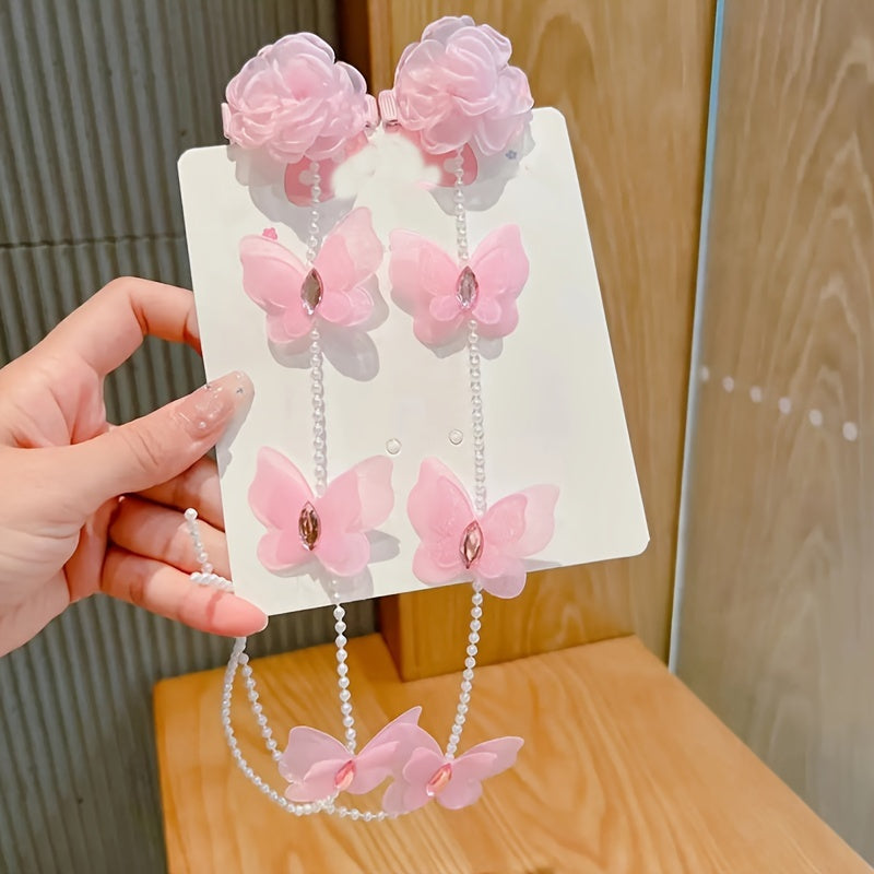 Yoshlar uchun yangi to'plam 2 qizning soch qisqichlari, kapalakga o'xshash marvaridlar, yoqimli to'r ip gullari, uzun marjonli tassel va o'ralgan soch zanjiri.