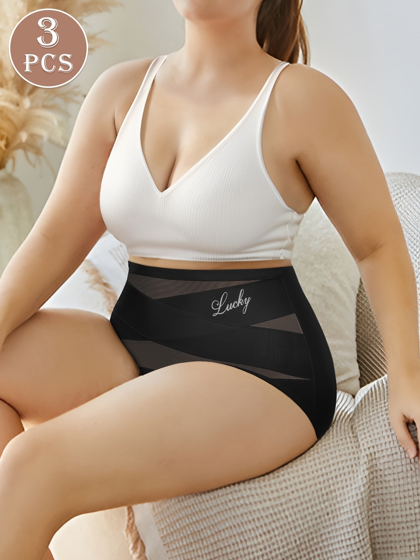 Pack de 3 braguitas de talle alto para tallas grandes con tiras cruzadas y control de abdomen, tela suave