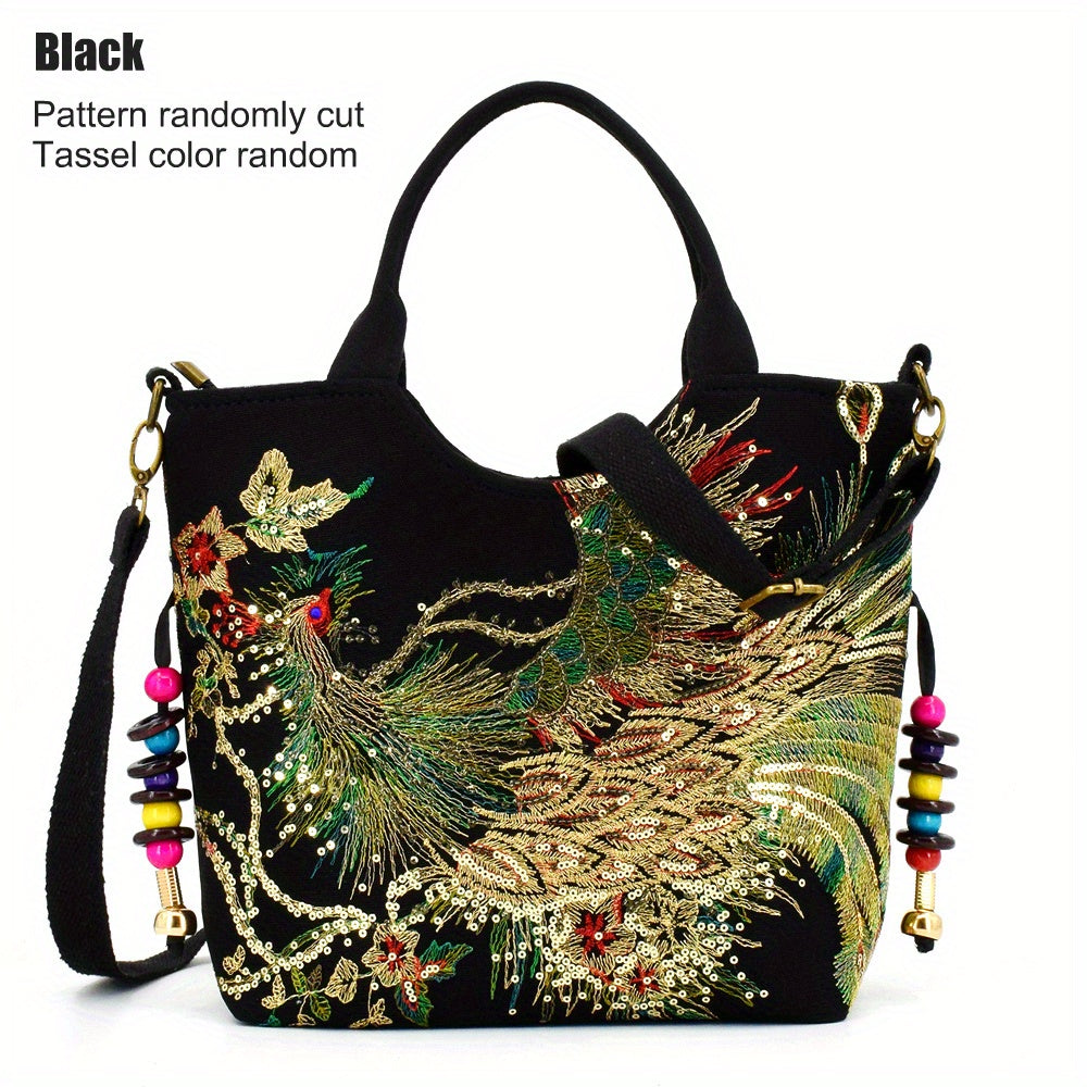 Embroidered Canvas Satchel Bag for Women with Double Handles and Removable Strap in Animal Print