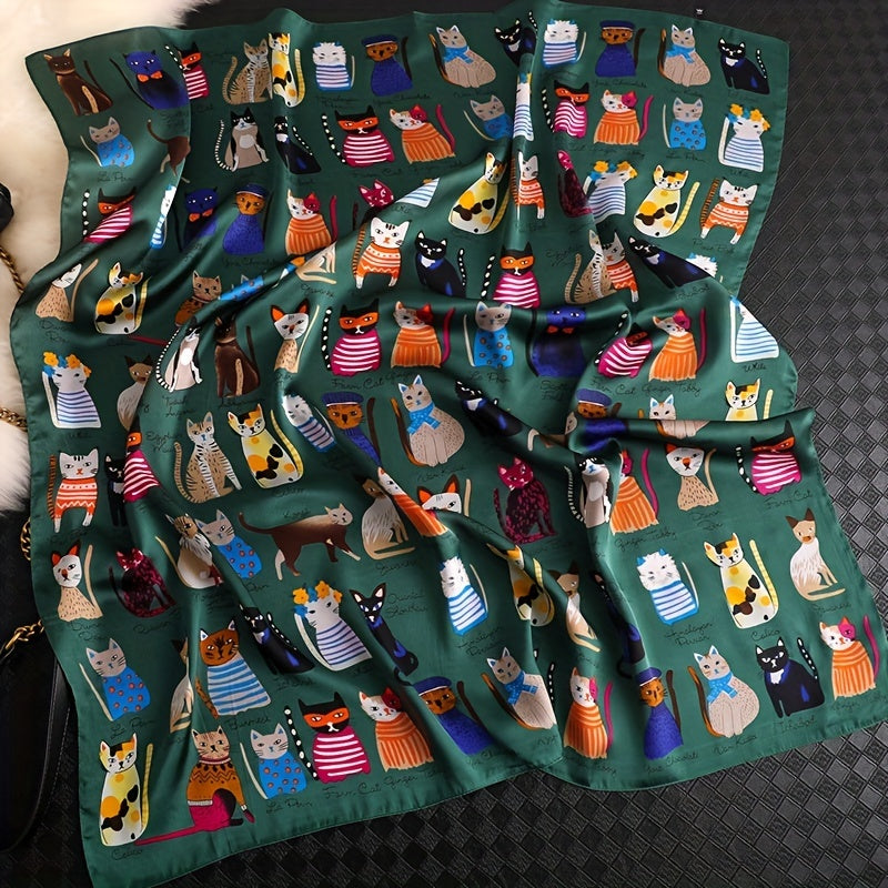 Women’s Polyester Square Scarf with Cartoon Cat Pattern Breathable Windproof Decorative