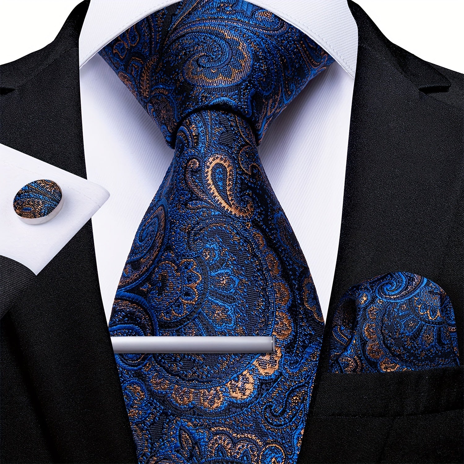 Men's Accessories Set 5 Pieces Tie Cufflinks Handkerchief Pocket Square for Wedding Business Party