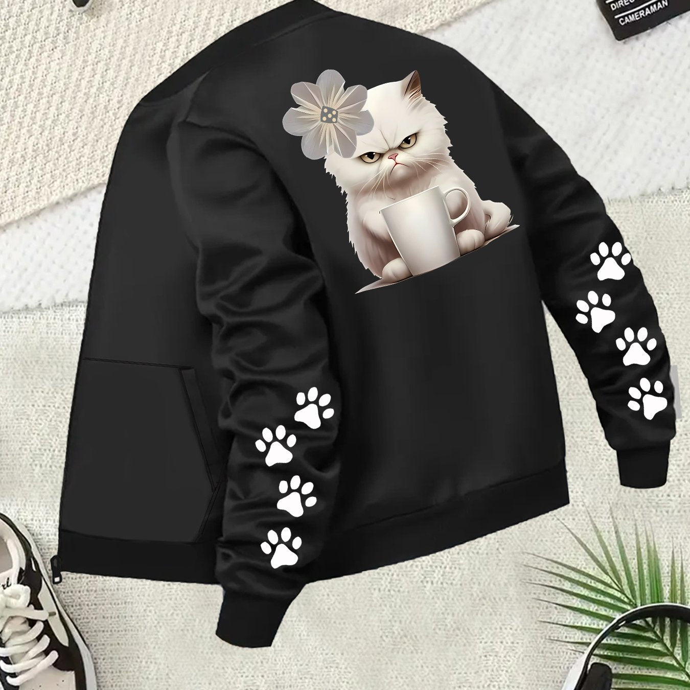 Бомбер-куртка для женщин больших размеров в стиле casual с котом-графикой, черная, всесезонная верхняя одежда