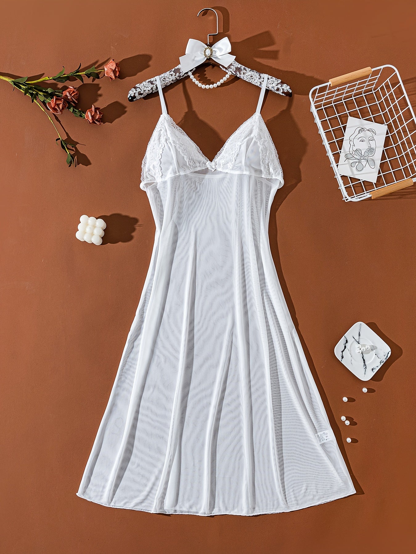 Women's Sheer Panel Spaghetti Dress with Bow Light Beige Elegant