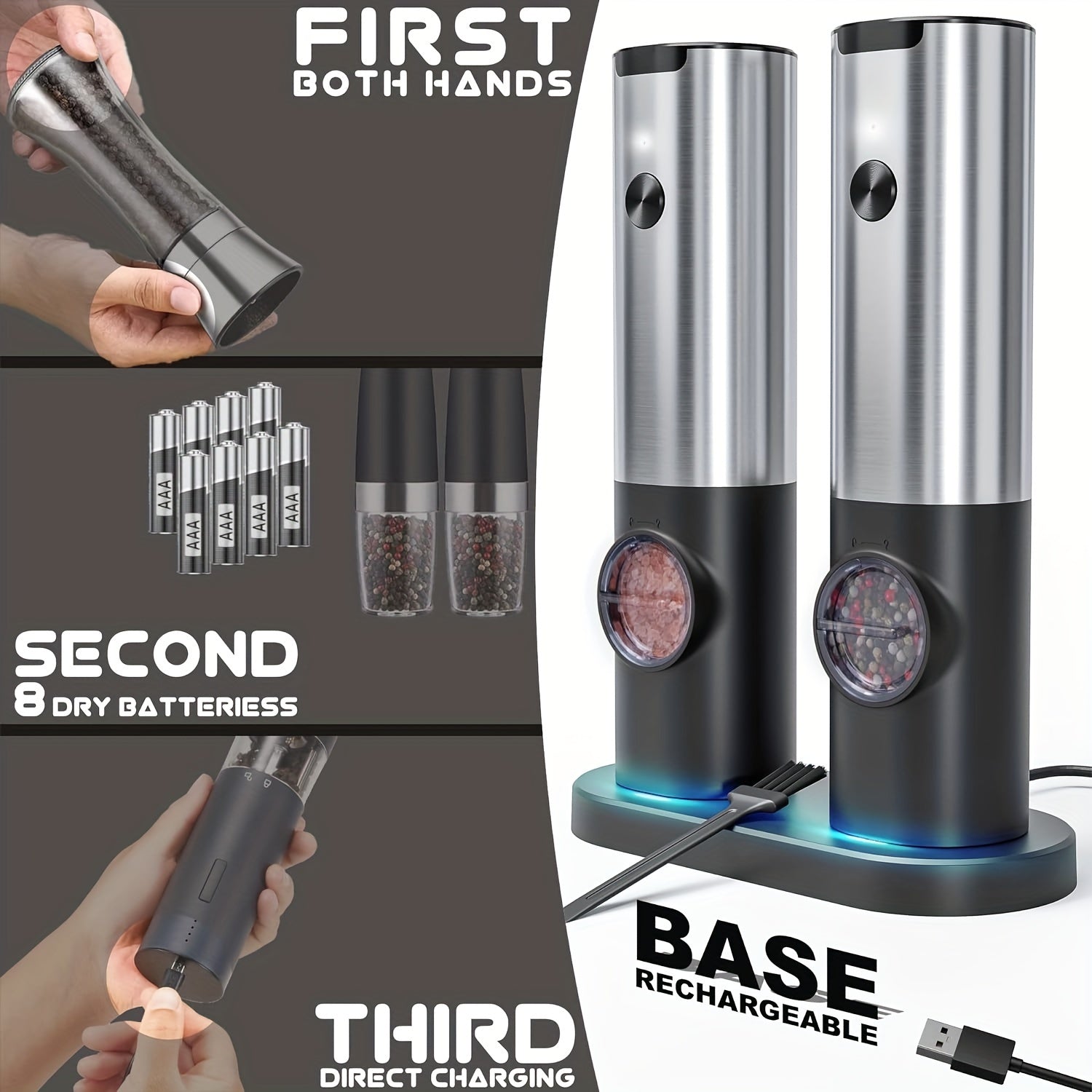 Set of 2 Stainless Steel Electric Salt and Pepper Grinders with Rechargeable Base