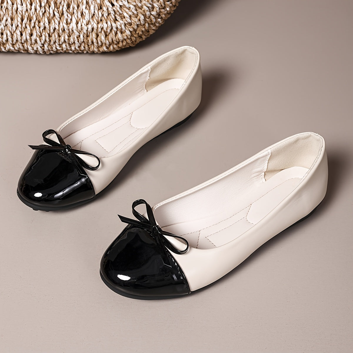 Zapatos planos de ballet para mujer con lazo, en negro bicolor, slip-on, punta redonda