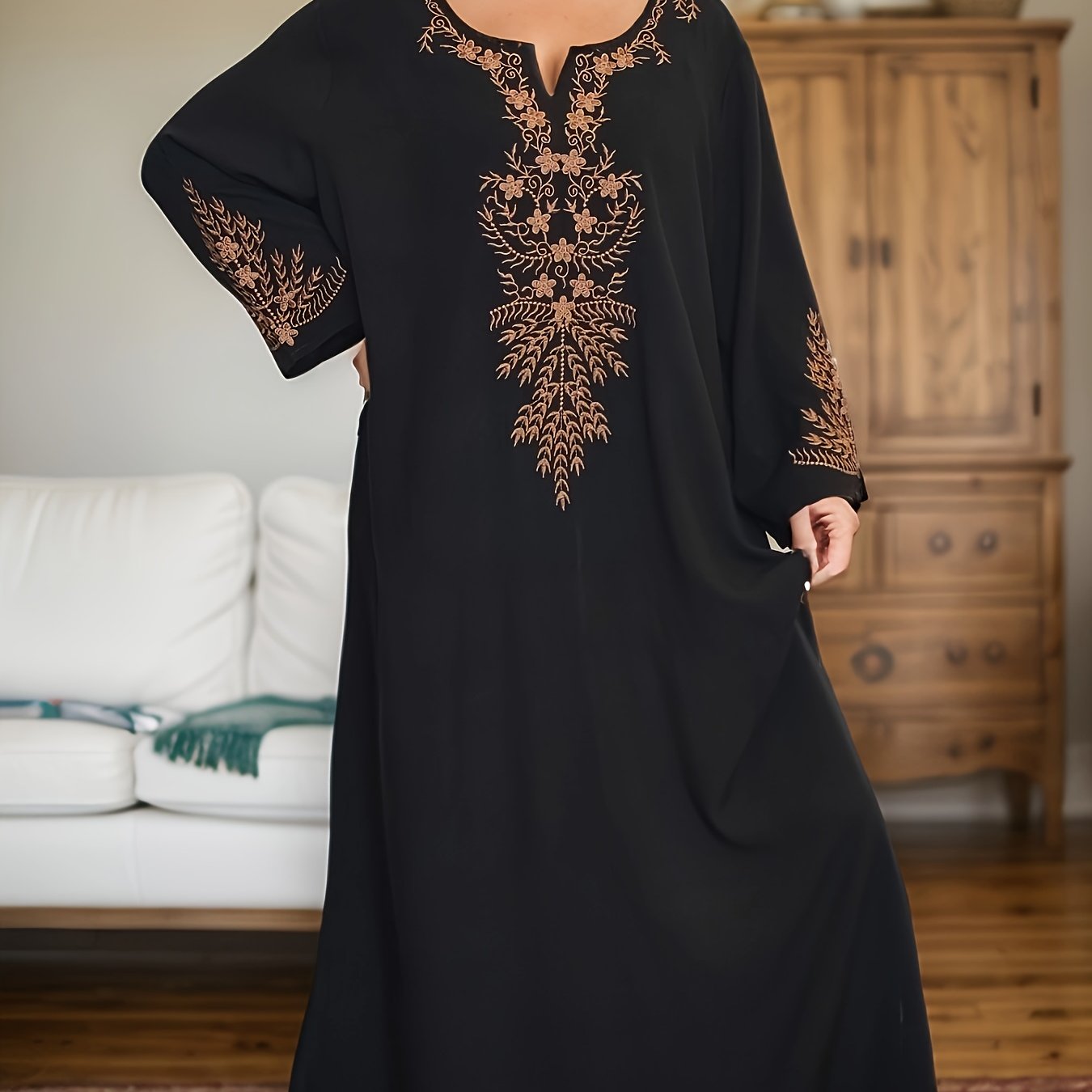 Women's Plus Size Black Blue Bohemian Floral Nightgown with 3/4 Sleeves