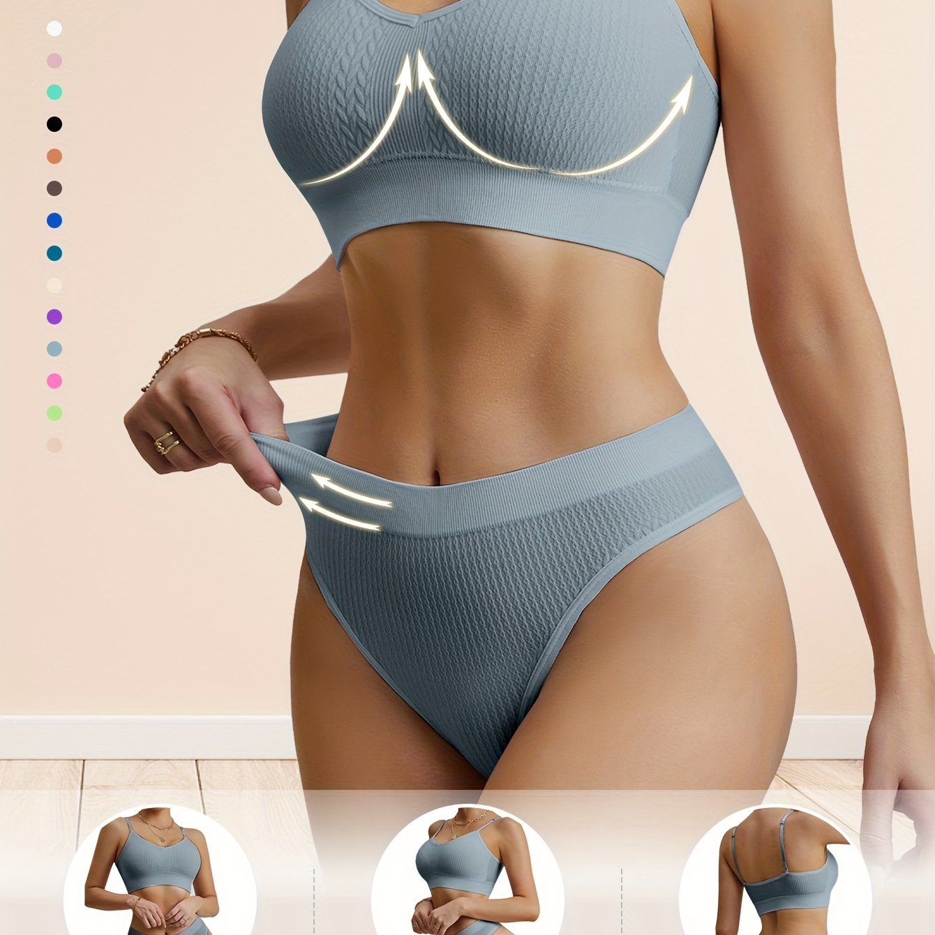 Женский комплект нижнего белья из двух предметов с пуш-ап бюстгальтером, без проволоки, сексуальными подтяжками и красивой отделкой спины.