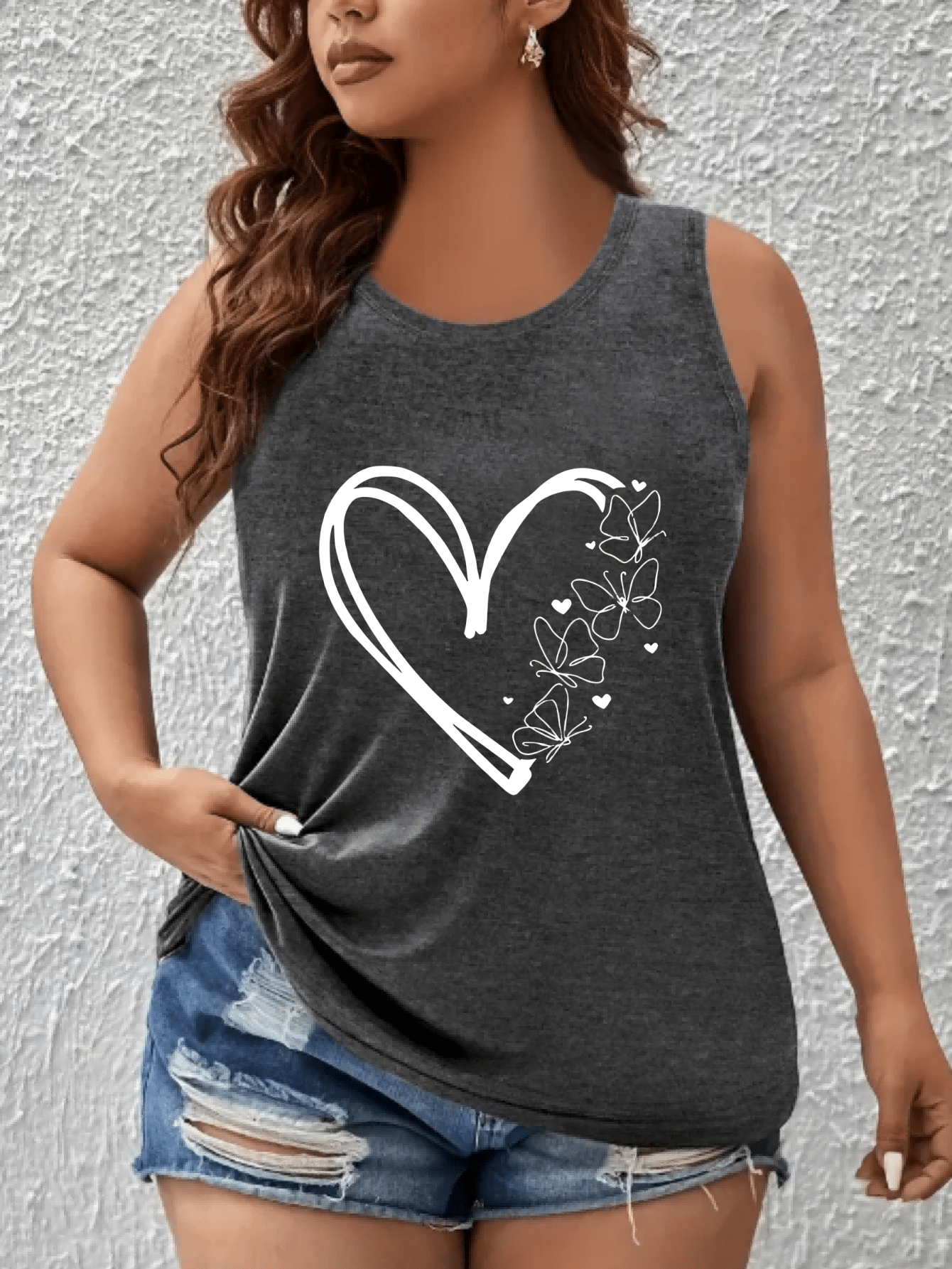 Plus Size Womens Navy Blue Tank Top with Heart and Butterfly Design Sleeveless Activewear