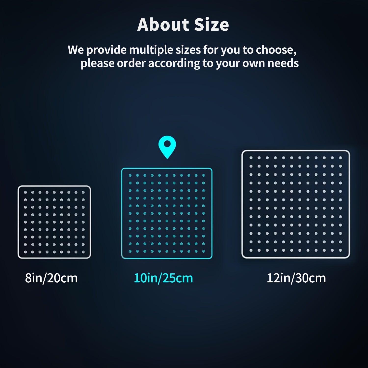 Mat qora rangdagi zanglamaydigan po'lat kvadrat dush boshligi, yuqori bosim, zanglamas dizayn, qattiq suv filtri. 20.32 sm, 25.4 sm, 30.48 sm o'lchamlarida mavjud.