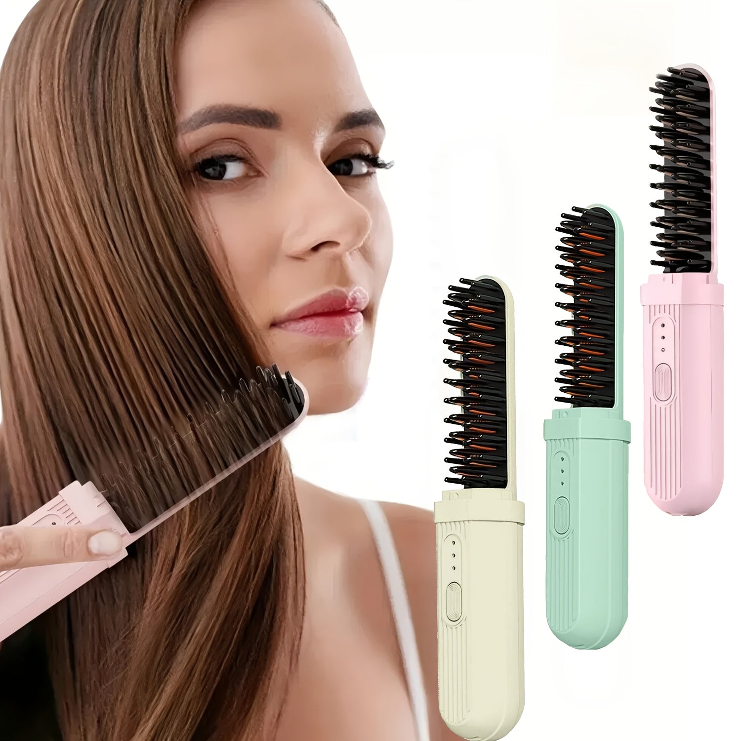 Cepillo alisador de cabello inalámbrico con 3 niveles de temperatura, recargable por USB-C, batería de litio portátil para viajes, doble uso para alisar y rizar