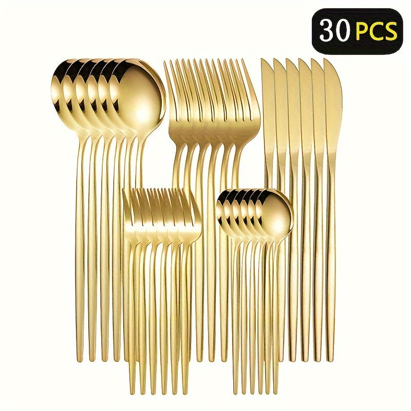 30-Piece Gold Stainless Steel Cutlery Set for Home and Restaurant Use