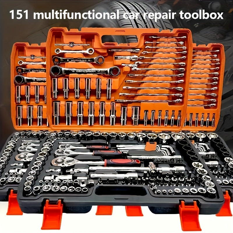 53/151 Piece Multi-Purpose Car Repair Tool Set with Metal Accessories in Red