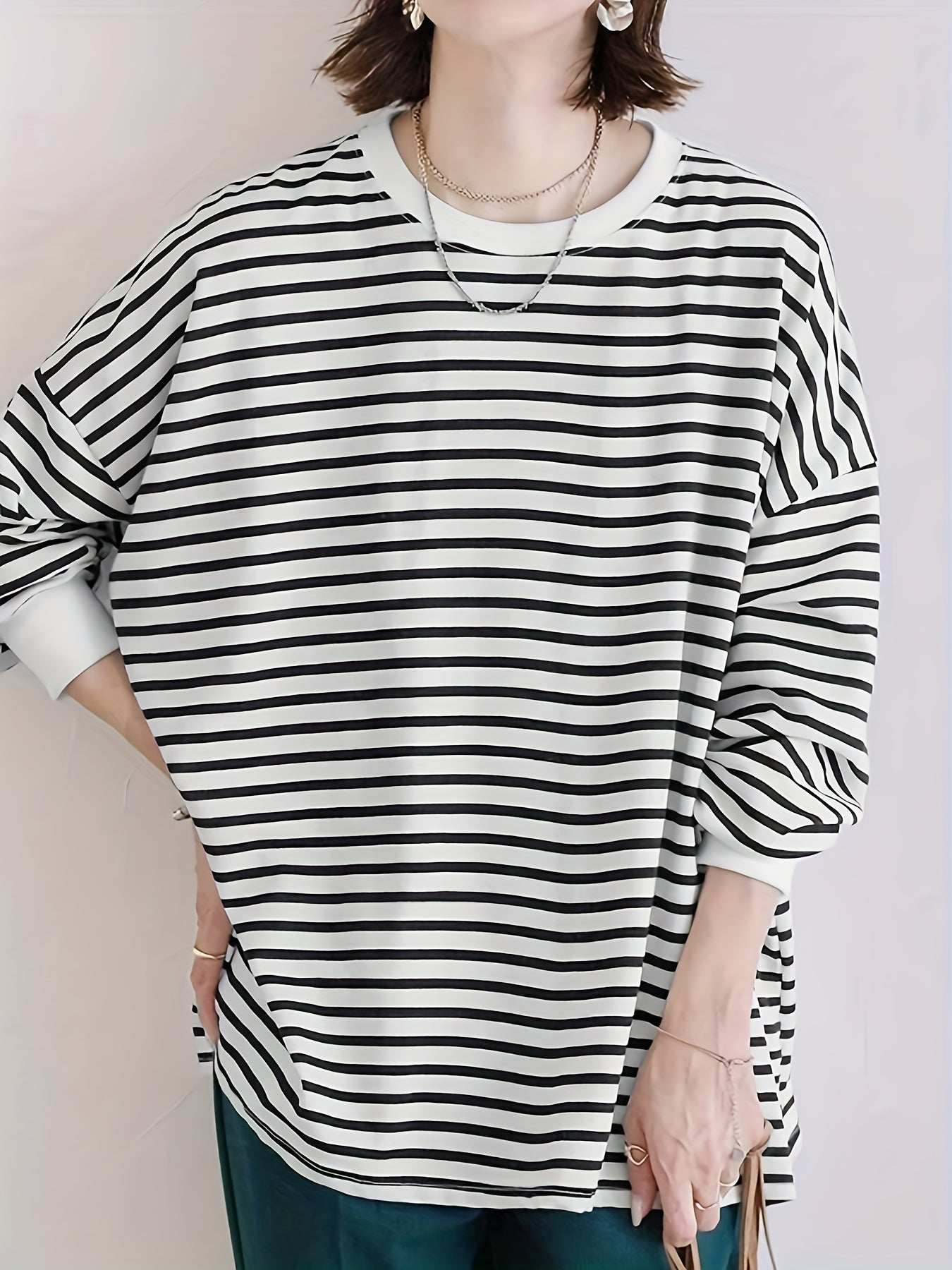Plus Size Striped Pullover Sweatshirt Women's Long Sleeve Crew Neck Casual Autumn Spring