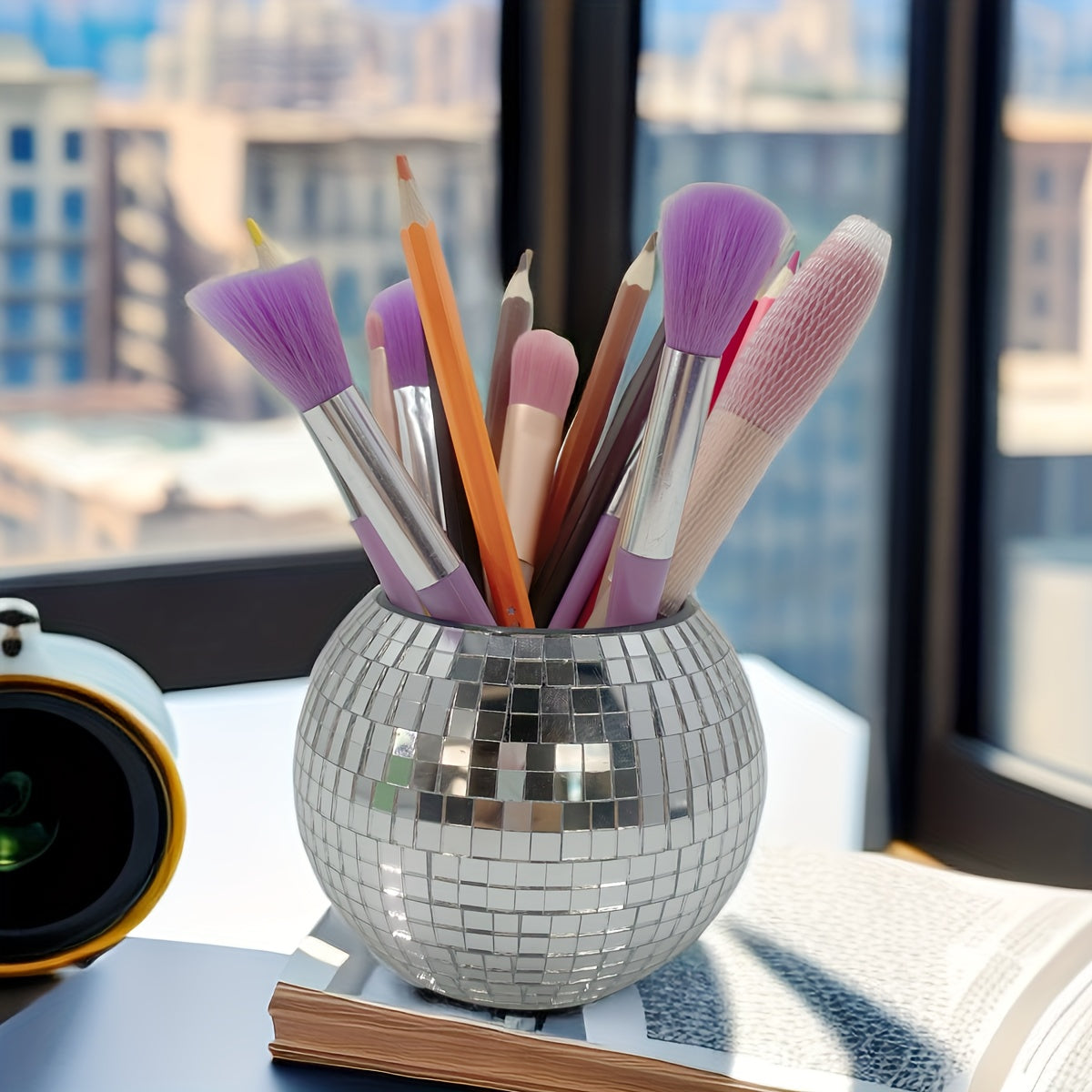 Mini Disco Ball Planter and Desk Organizer for Pens and Makeup Plastic Polished