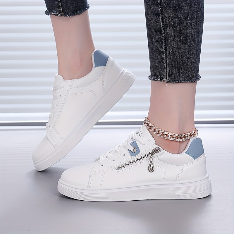 Ladies' Side Zipper Low-Top Flat Shoes, Comfortable Solid Color Walking Sneakers
