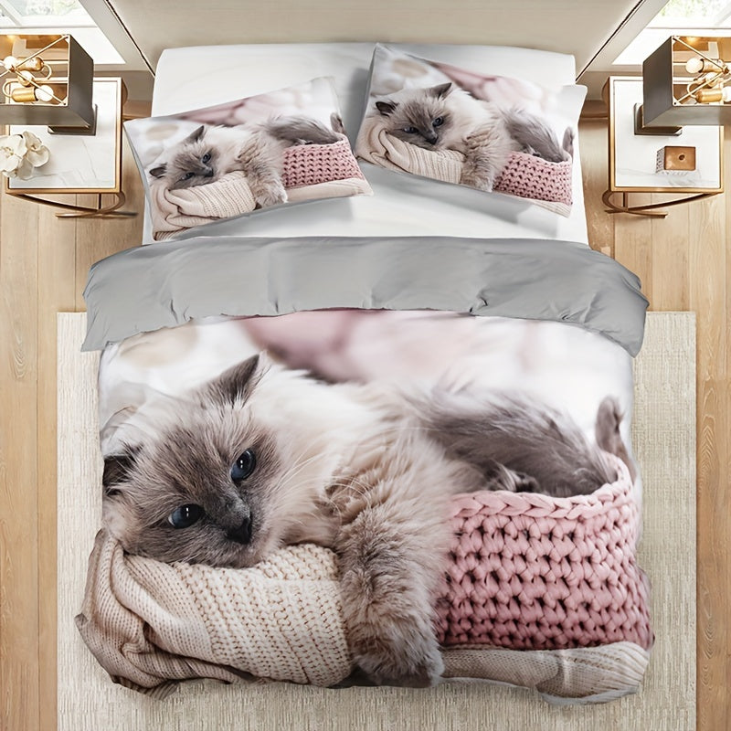 Polyester Duvet Cover Set with 3 Pieces 1 Duvet Cover 2 Pillowcases All Season Cat Print Bedding
