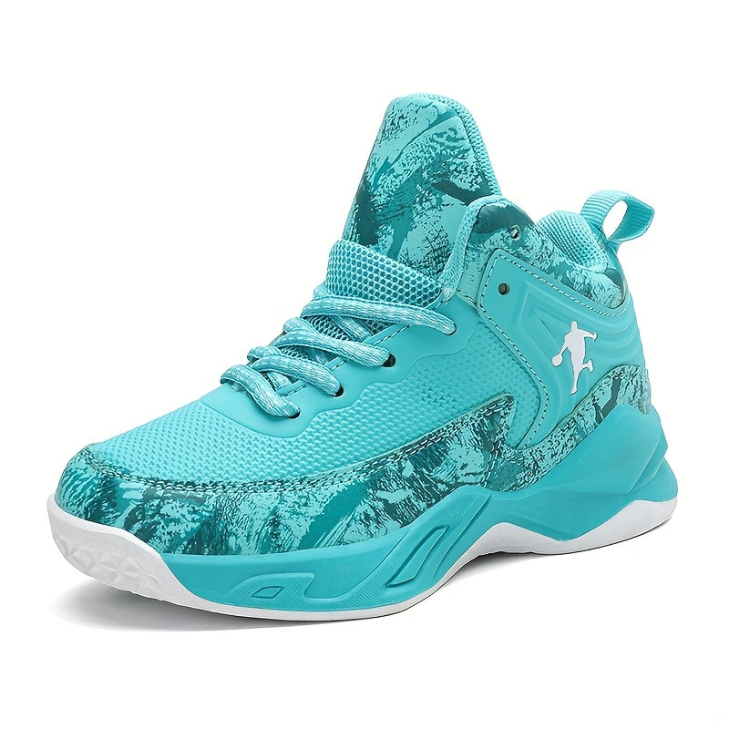 Youth Mid-Top Basketball Sneakers with Splatter Paint Design Durable PU Breathable Fabric Casual Outdoor Training