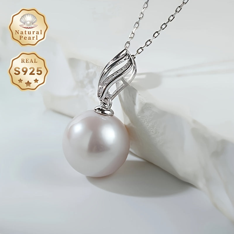 Women's Sterling Silver Pearl Pendant Necklace 13-14mm Lustrous Natural Pearl Zirconia Inlay