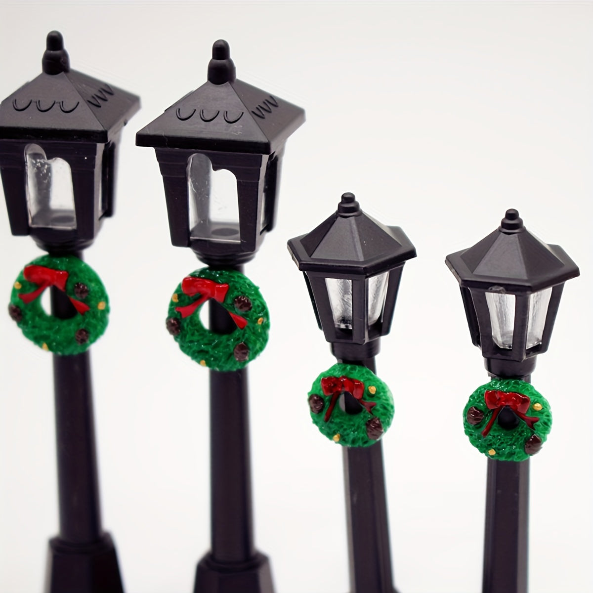 Miniature Christmas Lamp Posts with Wreaths Set of 3 Plastic Seasonal Figurines No Electricity