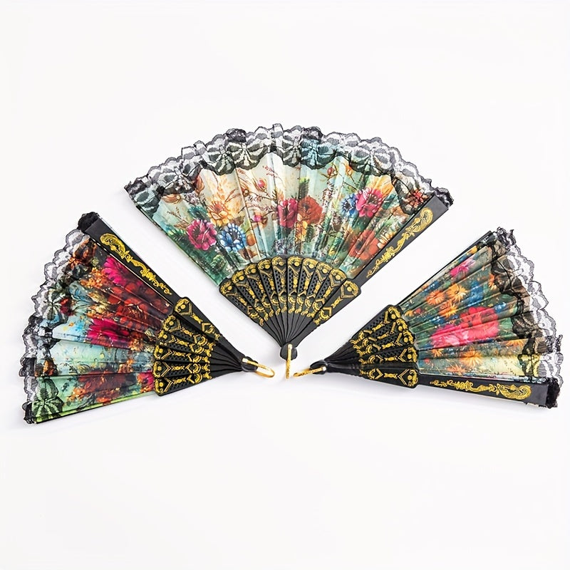Set of 12 Black Lace-Trimmed Folding Fans for Women, Floral Chinese-Inspired Hand Fans