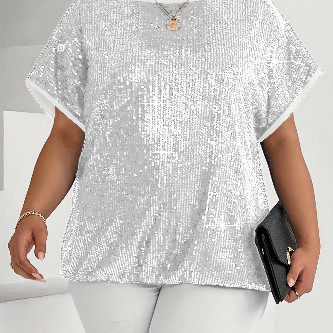 Plus Size Women's Sequin Short Sleeve T-Shirt Lightweight Silver Casual Top