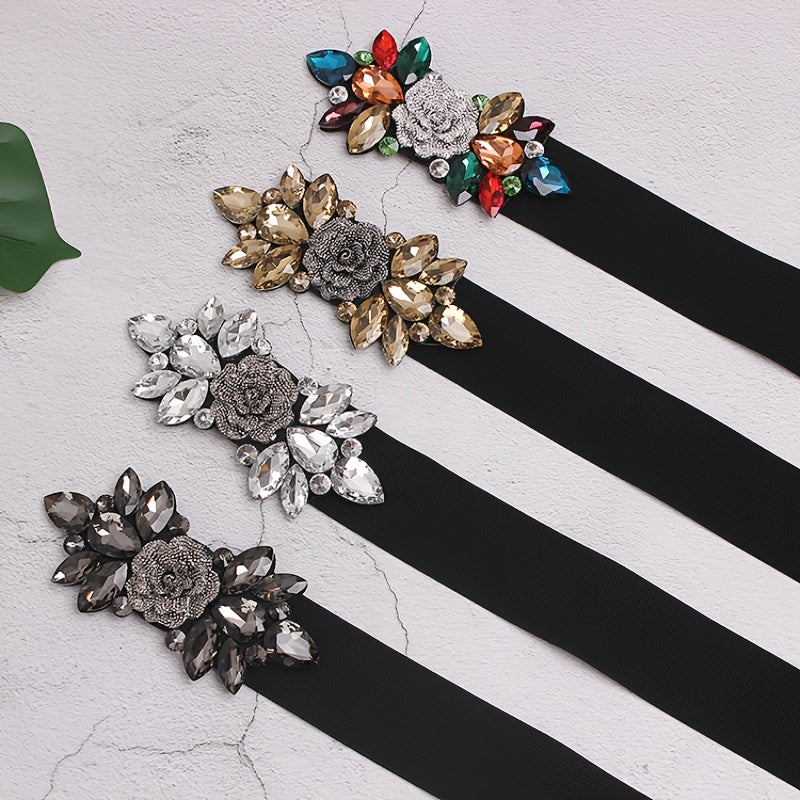 Wide Elastic Belt with Flowers and Beads for Women's Dresses and Decoration