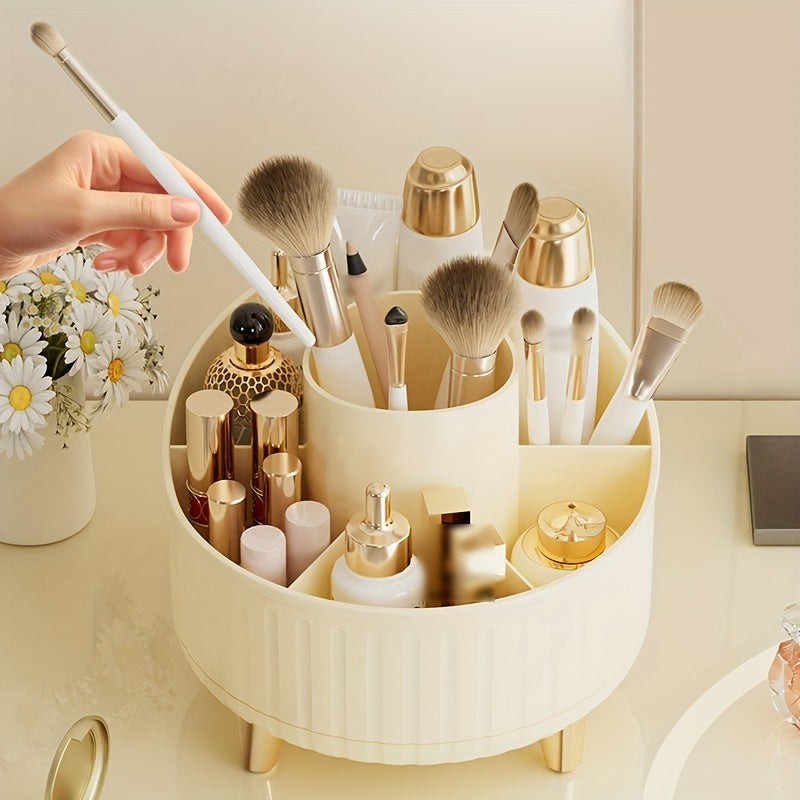Pink and Gold Rotating Makeup Organizer with Multiple Compartments and Brush Holder