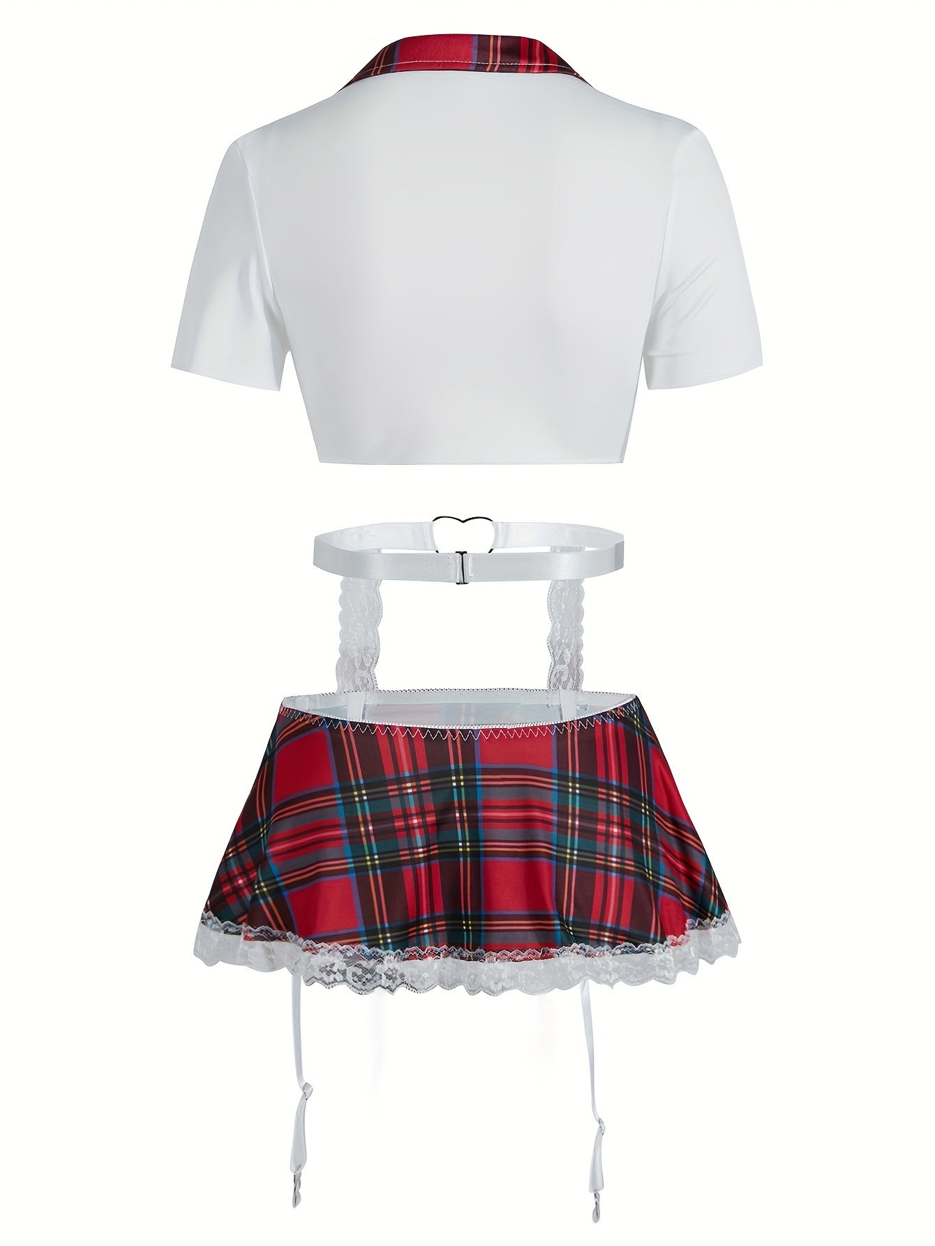 Sexy Preppy Cosplay Costume Set Includes Crop Top Skirt Garter Belt and Stockings