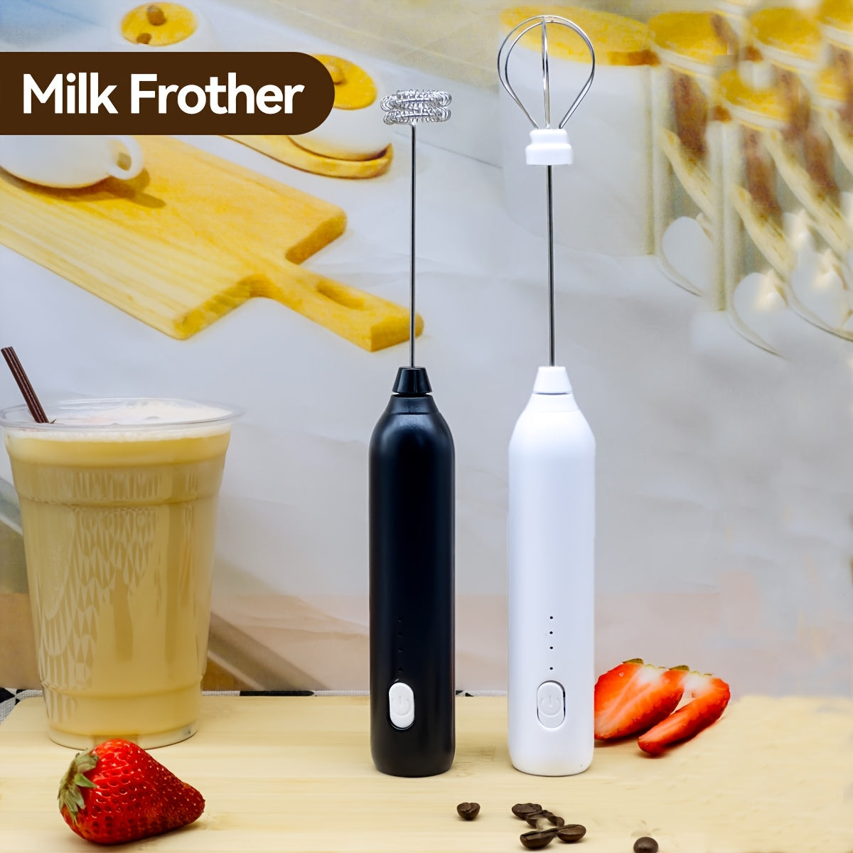 Electric Milk Frother Handheld 2-in-1 Stainless Steel Coffee Latte Frother3 Speeds