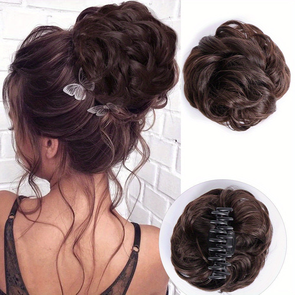 Women's Wavy Curly Hair Bun Synthetic Fiber Updo Hairpiece with Claw Clip