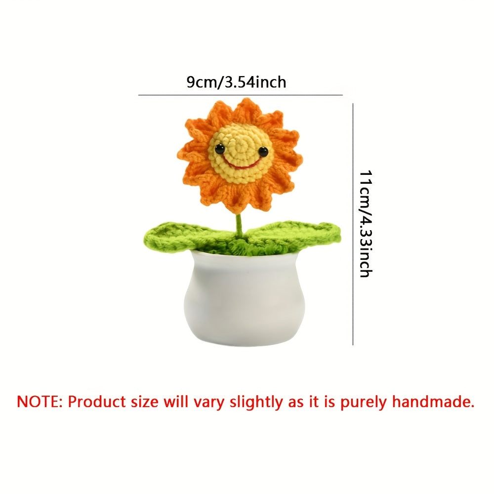 Crochet Sunflower Bonsai Decor with Smiling Face for Home Office Gift