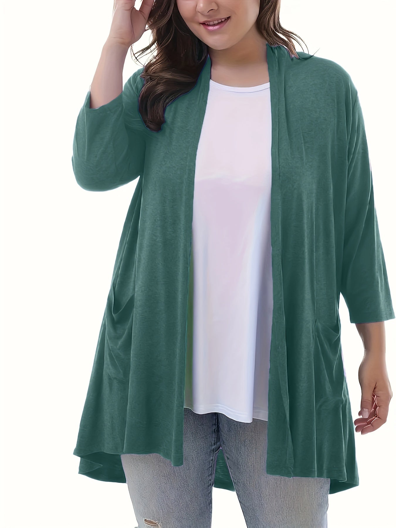 Plus Size Women's Open Front Cardigans Long Sleeve Solid Color Spring Fall
