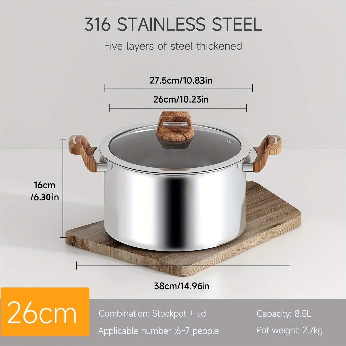 Five-Layer Steel Soup Pot with Steamer Non-Stick Induction Compatible 316 Stainless Steel