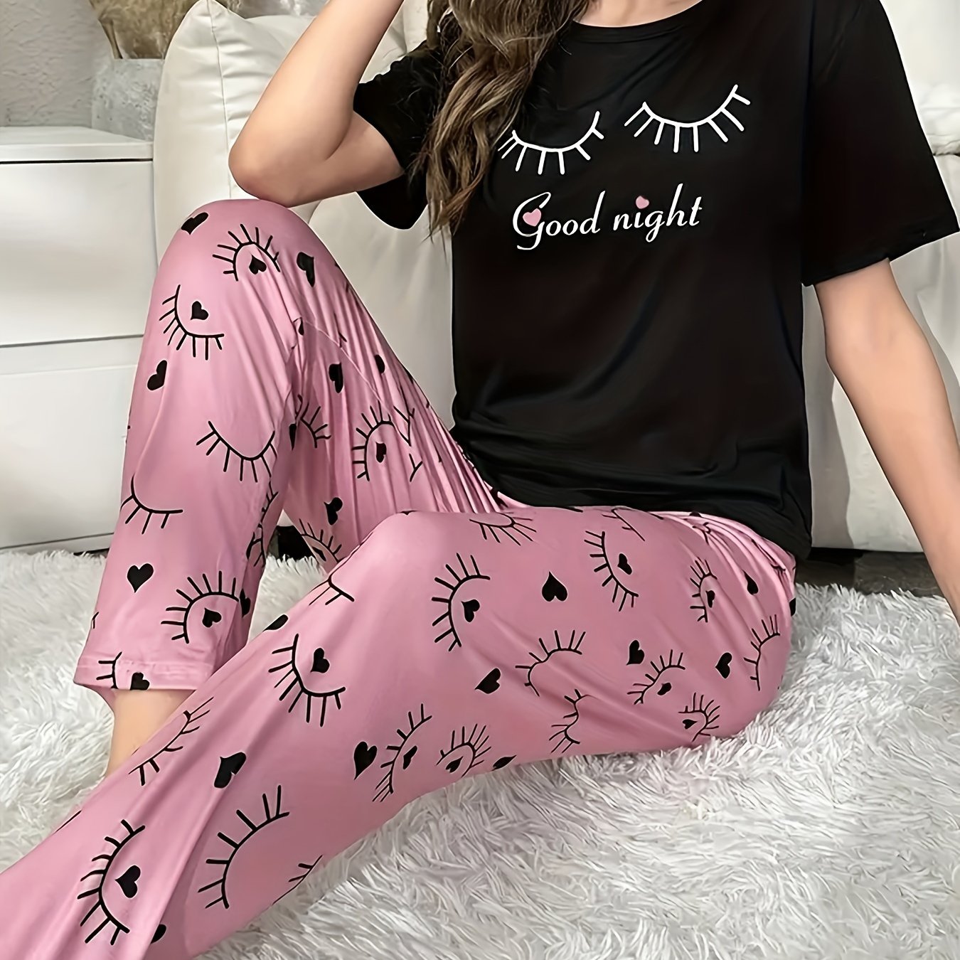 Women's Polyester Knit Pajama Set with Alphabet, Heart, and Eyelash Designs for All Seasons