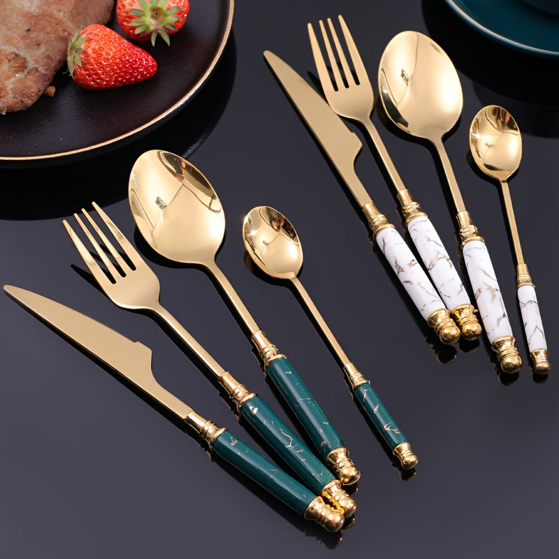 24-Piece Stainless Steel Tableware Set with Ceramic Handles for Hotel and Restaurant Dining