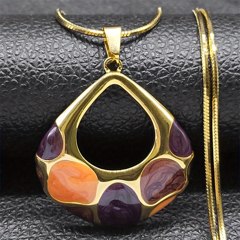 Geometric Enamel Pendant Necklace for Women Stainless Steel Gold Tone Vibrant Colorful Gift