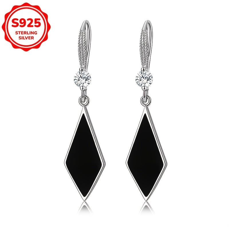 Sterling Silver S925 Dangle Rhombus Drop Earrings with Zirconia Accents for Women