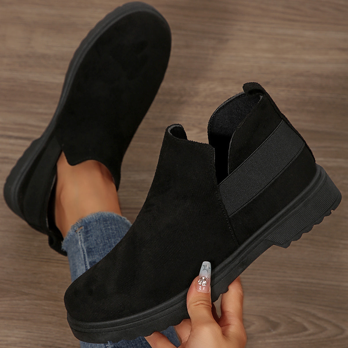 Women's Black Ankle Boots with Elastic Panel Round Toe All-Season Comfort
