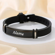 Men's Silicone Bracelet with Engraved Stainless Steel Tag Adjustable ID Wristband August Birthstone Unplated