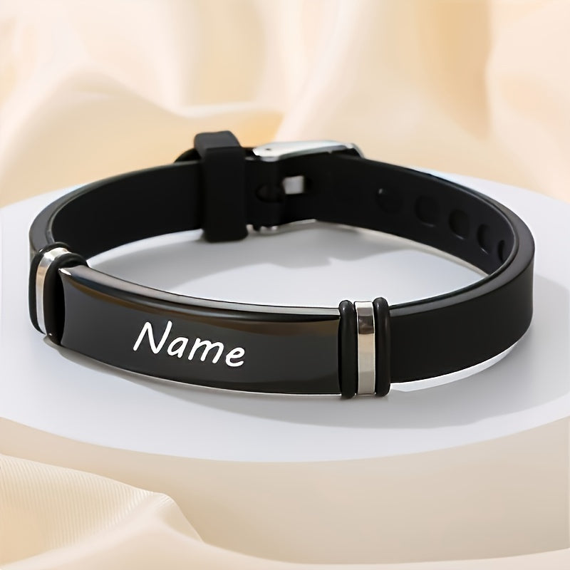 Men's Silicone Bracelet with Engraved Stainless Steel Tag Adjustable ID Wristband August Birthstone Unplated