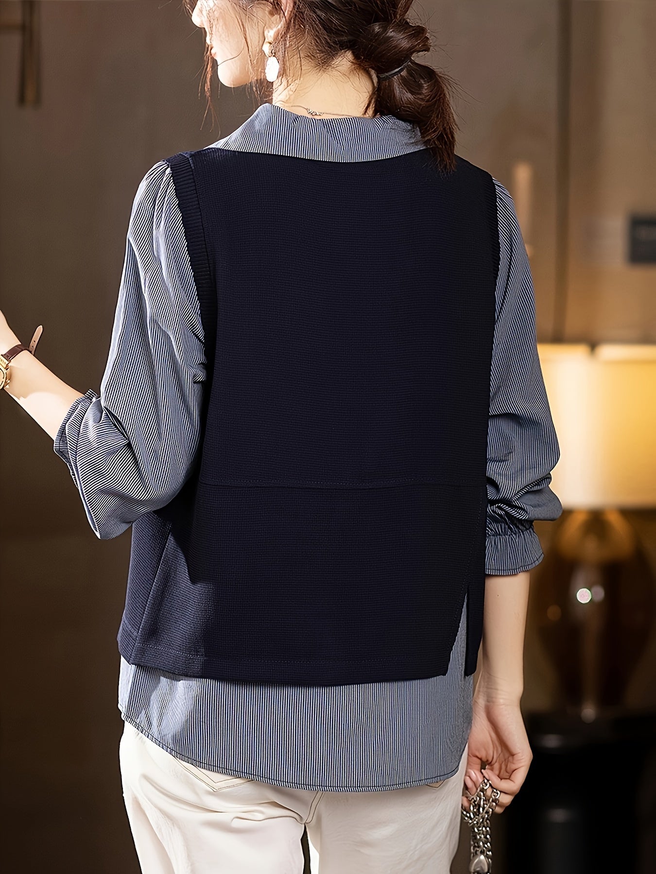 Women's Slim Faux Two-Piece Shirt Top Spring 2025 Loose Stitched