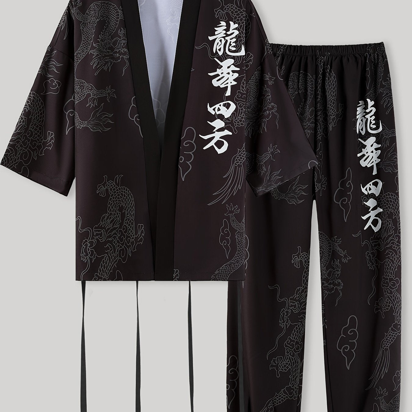 Men's Dragon Print Pajama Set Breathable Polyester Japanese-Inspired Casual Loungewear
