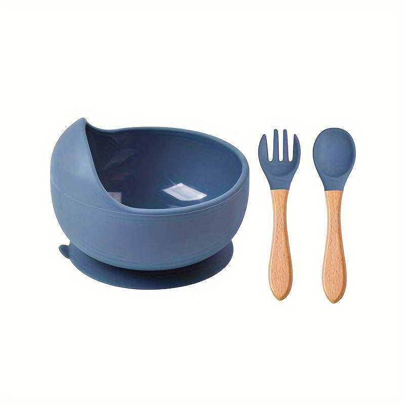 Baby Feeding Set Silicone Bowl Fork Spoon Non-Slip Microwave Safe Wooden Handle 3 Pieces