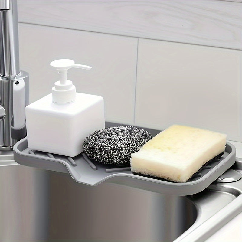 Gray Silicone Sink Organizer Tray with Drainage for Sponges and Soap