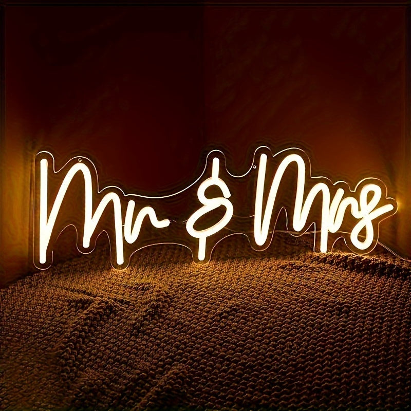 Neon Sign for Mr and Mrs USB Powered Wall Decor Wedding Anniversary Engagement Party Home Lighting 39.88x15.49cm