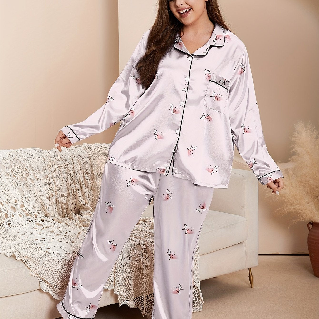 Plus Size Women's Casual Pajama Set Long Sleeve Heart Letter Print Lounge Wear