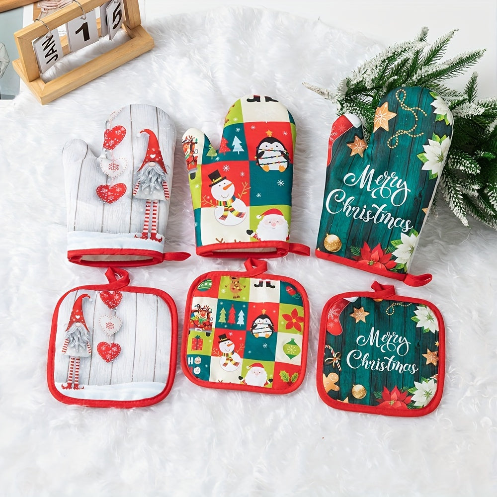 Набор из 2 рождественских кухонных прихваток, изготовленных из утолщенных стекловолоконных перчаток и термостойких подкладок. Идеально подходит для праздничной готовки на домашней кухне, эти аксессуары безопасны для контакта с продуктами.